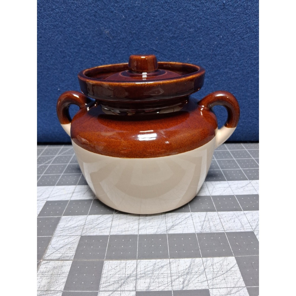 McCoy Bean Pot Brown Cream Two Tone Stoneware Double Handle Lid 341 USA